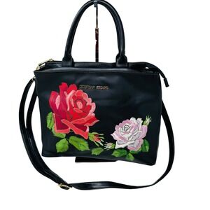 CHRISTIAN SIRIANO BLACK BAG BEAUTIFUL‎ ROSE DESIGN DOUBLE TOP HANDLES & STRAP